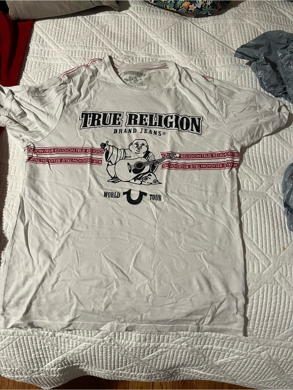 True Religion White Graphic World Tour Tee with Red Accents